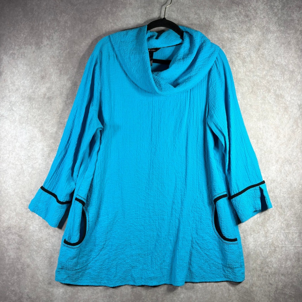 Ali Miles Tunic Top Womens Large Turquoise Cowl Neck Textured Pocket Art To Wear